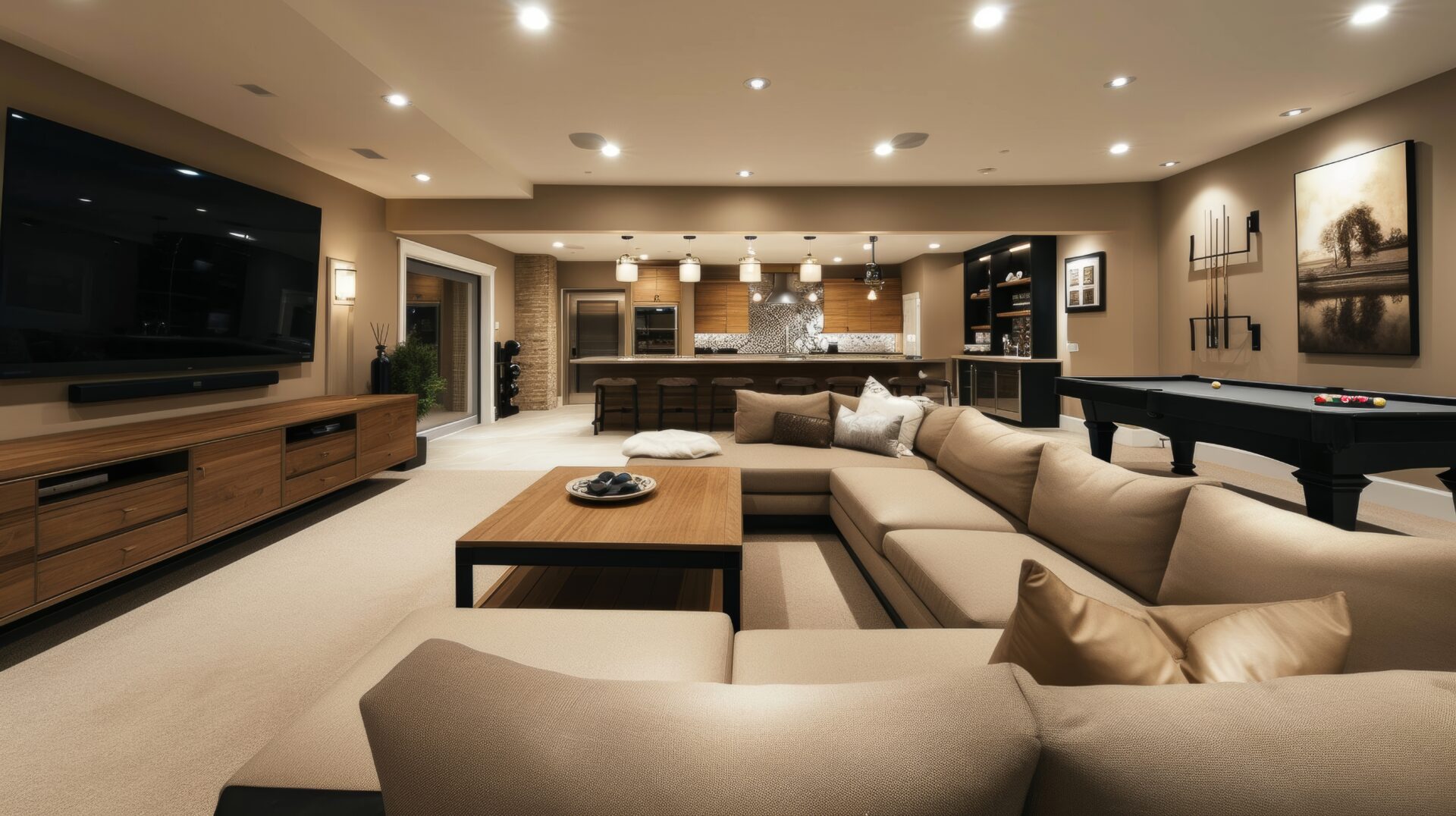 Spacious and Modern Basement Interior: Ambiance with Cozy Couches, Elegant Kitchenette, Entertainment Area Including a Pool Table, and Large TV for Ultimate Relaxation and Leisure Activities